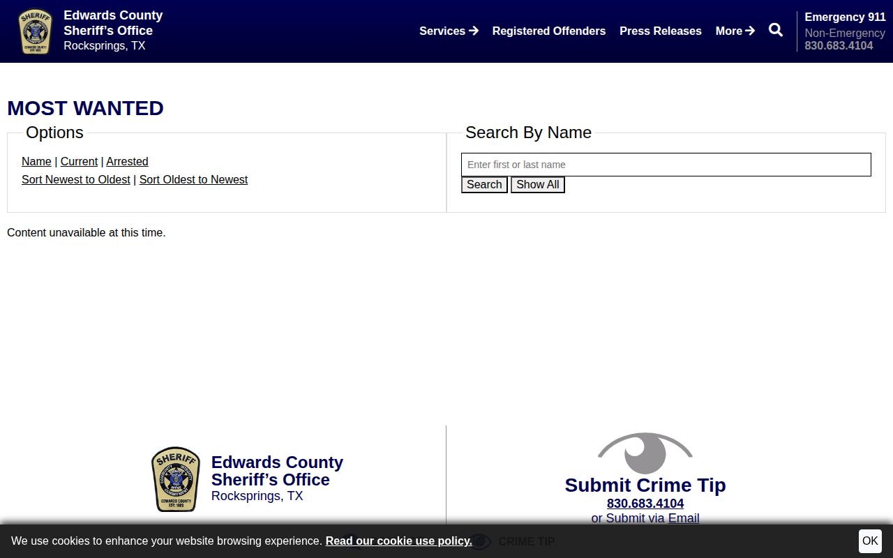 Edwards County Sheriff official wanted-list record interface